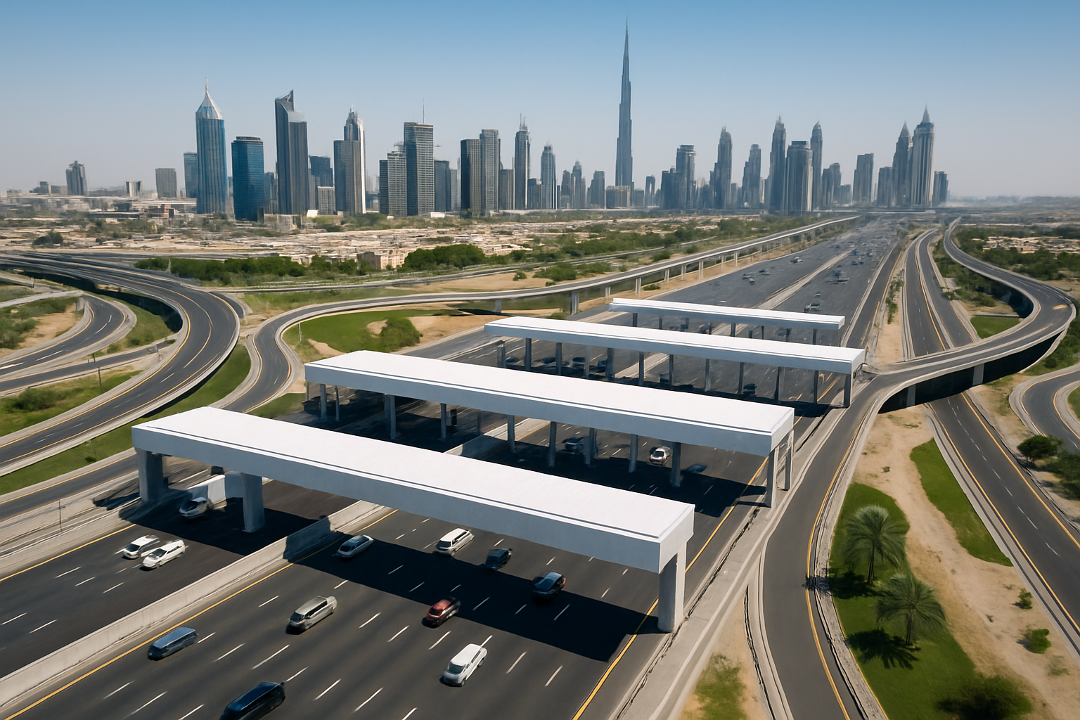 Aerial view of a modern toll road in Dubai