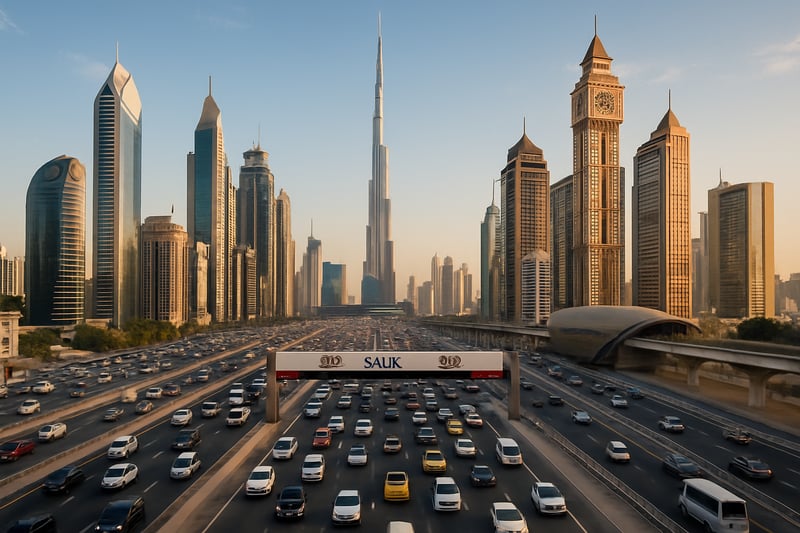 Dubai skyline with busy toll road Dubai skyline with busy toll road